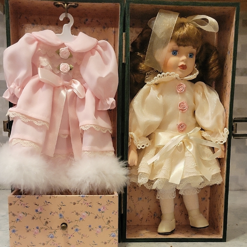 Vintage Cracker Barrel Cream Porcelain Doll with Pink Dress Set